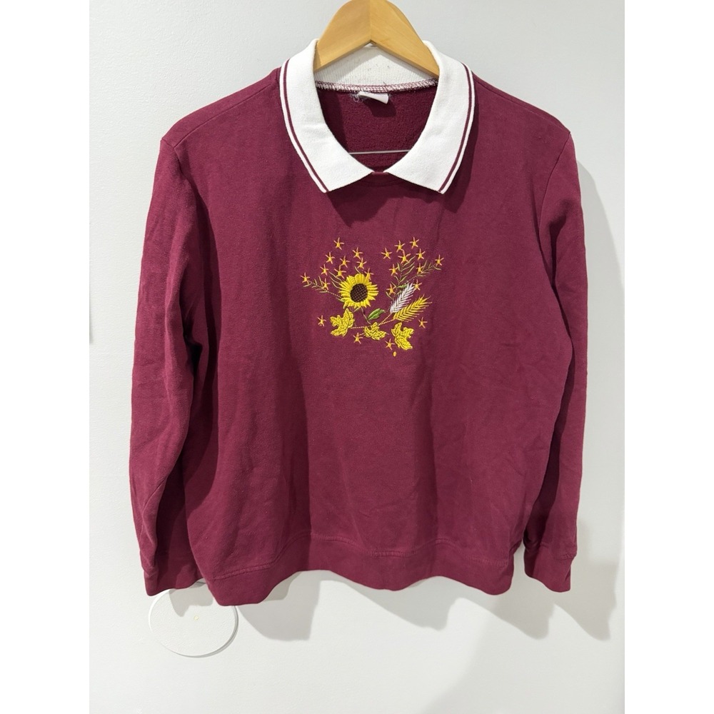 VTG Adrian Delafield Burgundy Sunflower Embroidered Sweatshirt Cottagecore XL